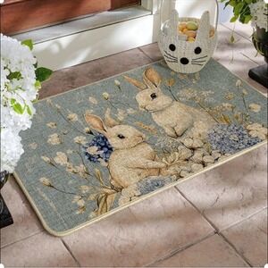 Artoid Mode Rabbit Hydrangea Floral Blue Accent Rug Mat 17x29‎